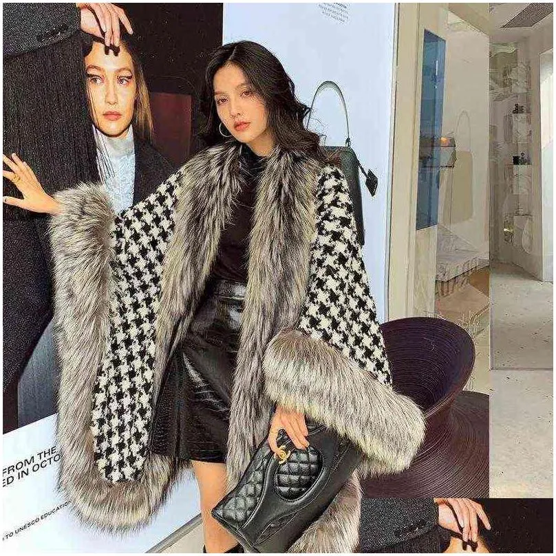 silver fox fur coat winter women shawl houndstooth cape in stock faux fur cloaks jacket for evening party x1106