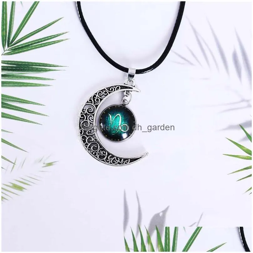 12 constellation pendant necklace sign silver crescent moon stars zodiac jewelry glass dome choker necklaces birthday giftsz