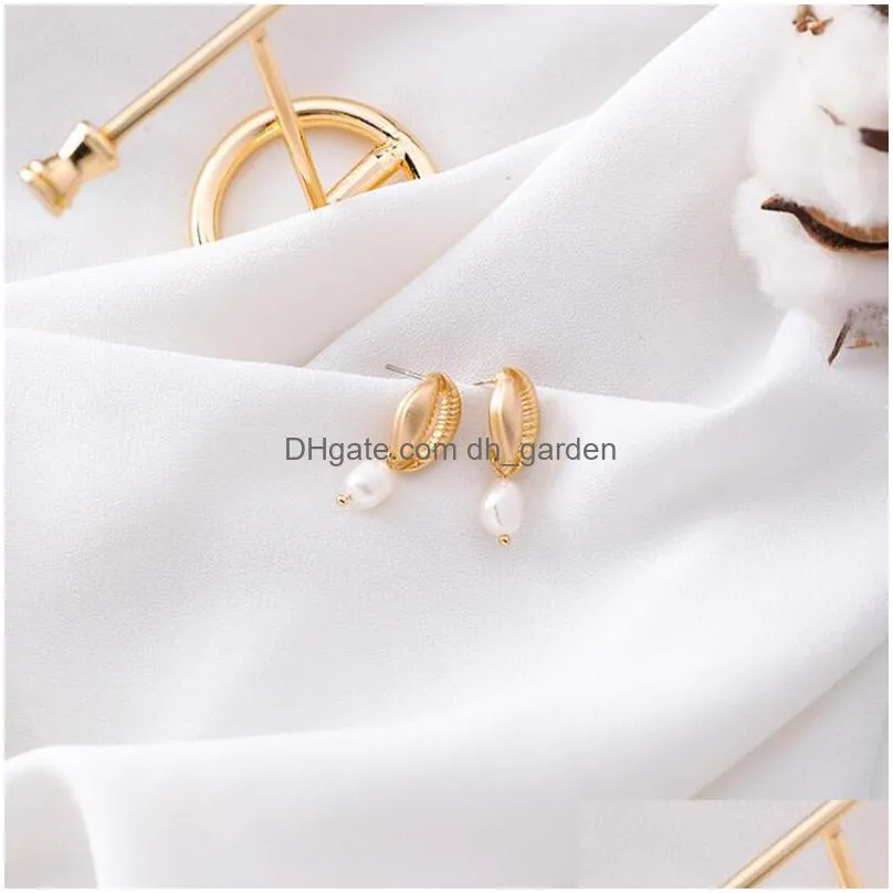 new fashion shell irregular pearl dangle drop earrings retro gold metal conch earring for women girl summer beach party jewelry gifty