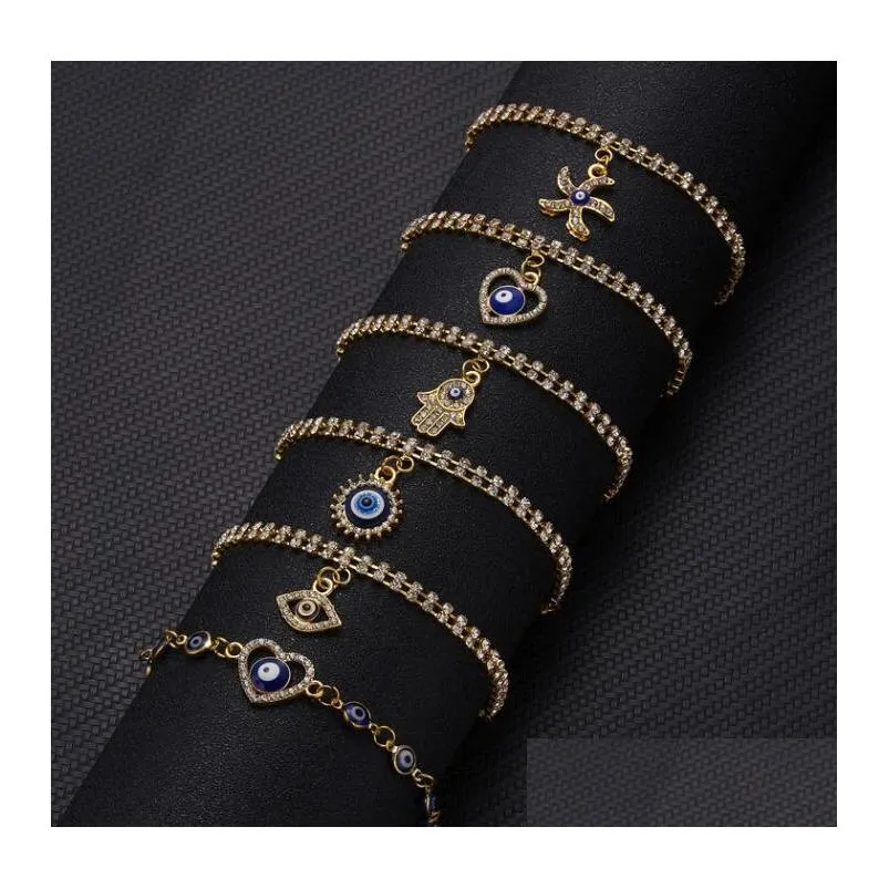 blue evil eye bracelets for women hand heart starfish charm crystal tennis chain bange female fashion party jewelry gift