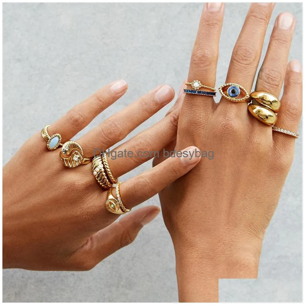 Band Rings Fashion Bohemian Turkish Evil Eye Rhinestone Rings For Women Vintage Boho Devil Ring Enamel Jewelry Drop Delivery Jewelry R Dhtwg