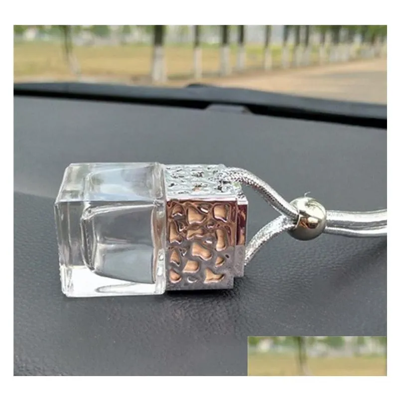 Car Perfume Bottle Cube Car Hanging Rearview Ornament Air Freshener For Essential Oils Diffuser Fragrance Empty Glass Bottles