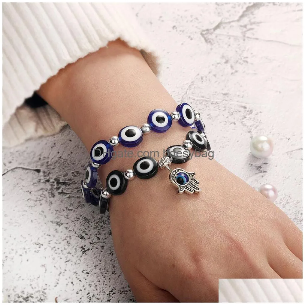 Beaded Lucky Hand Evil Blue Eye Strand Charm Bracelets Bangles Beads Turkish Pseras For Women Jewelry Wholesale Drop Delivery Jewelry Dhecf
