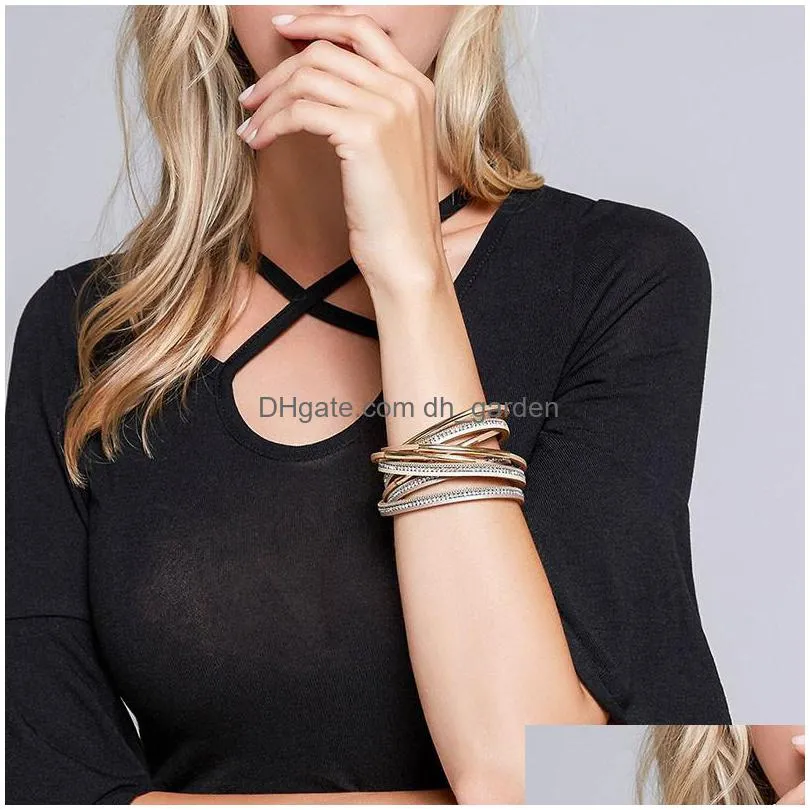 casual women multiple layers leather bracelet crystal metal tube wrap cuff bangle with magnetic clasp bracelet for girls giftz