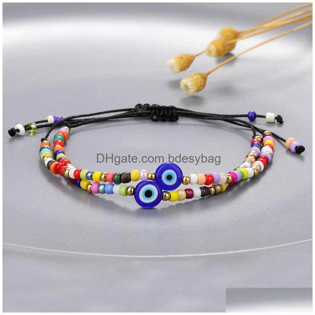 Beaded Handmade Braided Evil Blue Eye Strands Bracelet Chain Elephant Tree Of Life Charm Rainbow Seed Beads Bracelets For Women Girls Dhvzl