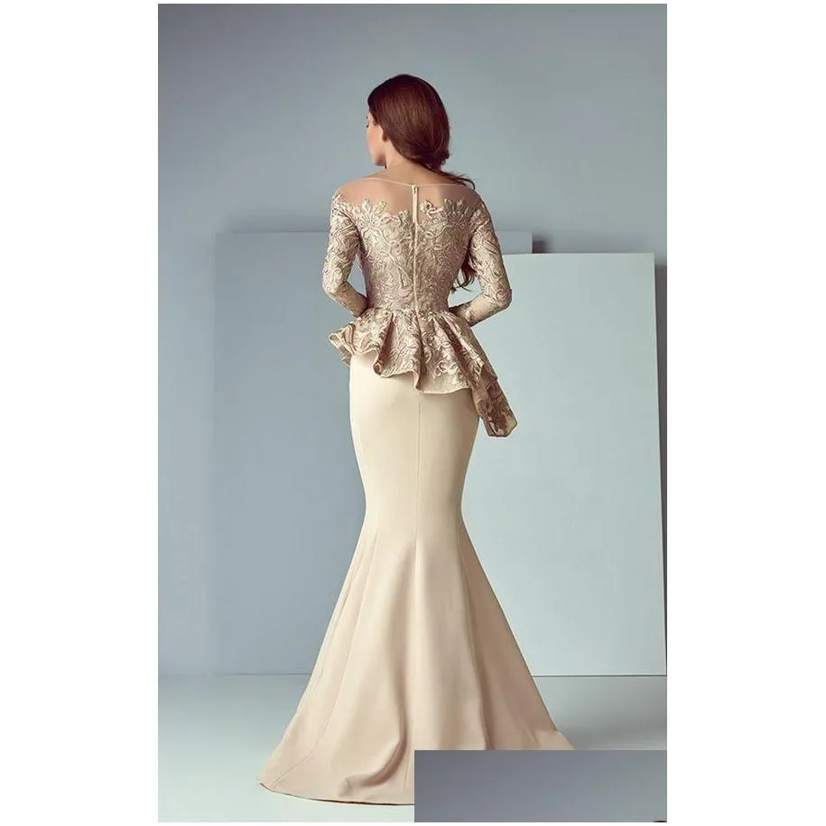 dubai arabic champagne lace stain peplum mermaid mother of the bride dresses long sheer neck long sleeve elegant evening formal gowns