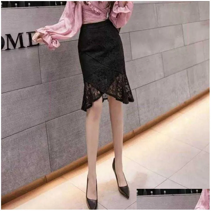 spring autumn high waist slim sexy lace skirt allmatch casual elegant women irregular fishtail 210527