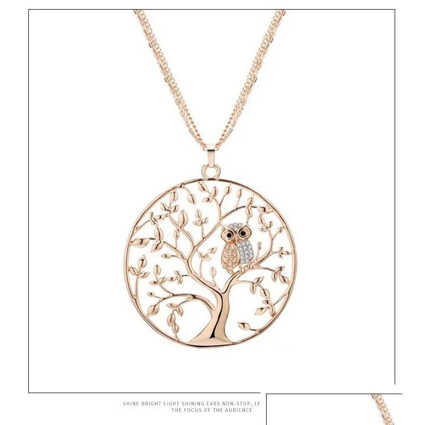 small owl tree of life necklace for women rhinestone pendant rose gold sweater chain long necklaces statement jewelry bijoux