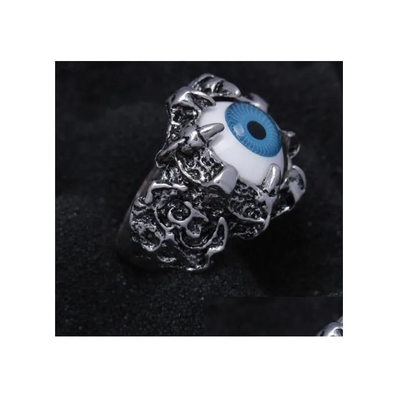 Band Rings Wholesale Uni Punk Retro Dragon Claw Red Evil Eye Skl Stainless Steel Biker Ring Drop Delivery Jewelry Ring Dhgarden Dhui3