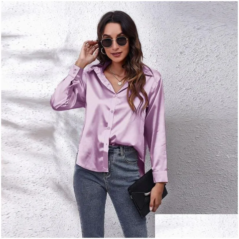 womens blouses womens satin silk blouse v neck button down long sleeve casual summer dressy tops for work professional