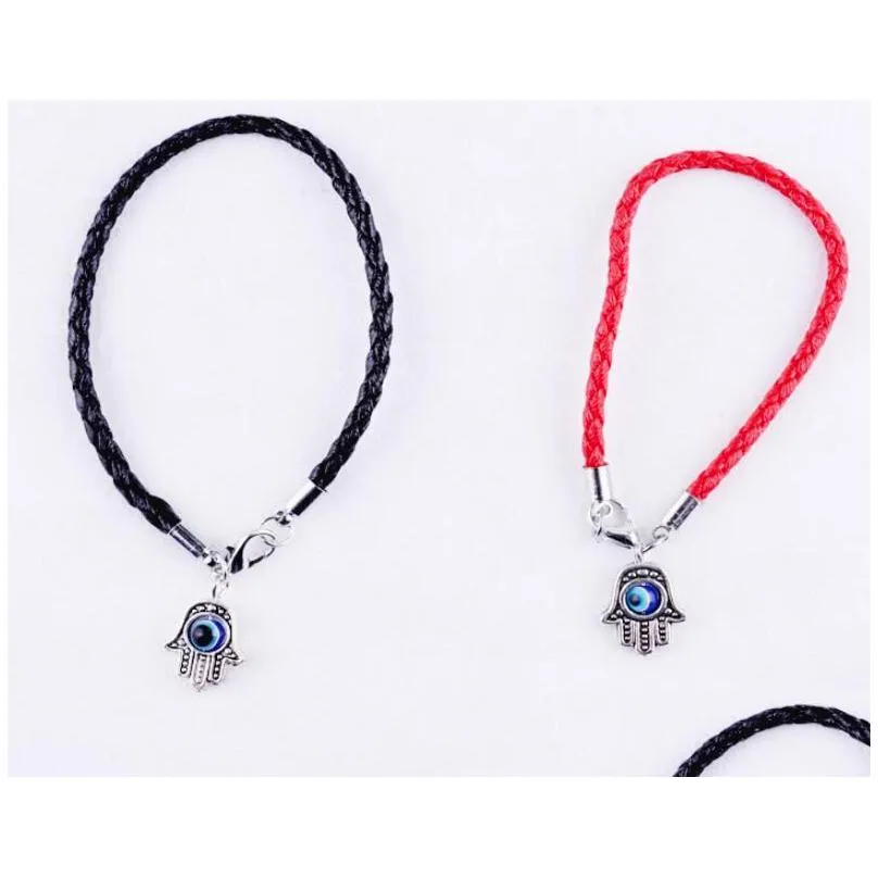 Chain 100Pcs Red Leatheroid Braided String Kabh Evil Eye Hamsa Hand Charms Bracelets Men And Women Leather Lucky Bracelet Wy Dhgarden Dh9Zc