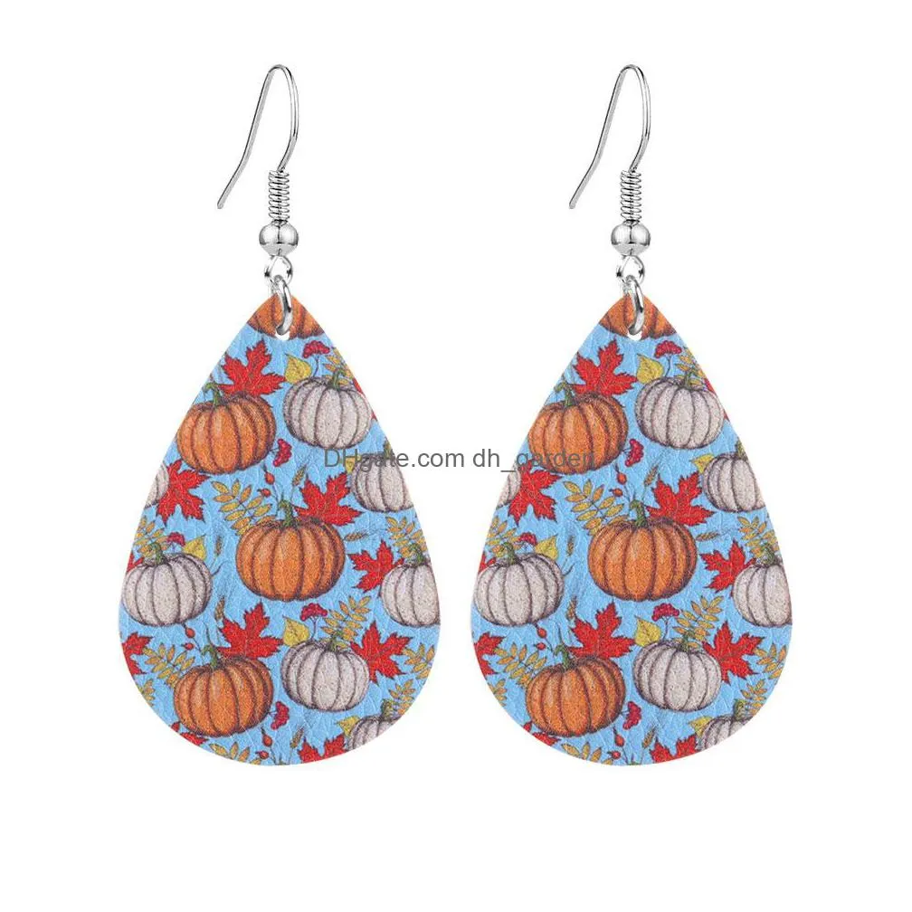  halloween leather earrings for women water drop pumpkin ghost hand hat skull bat lantern doublesided printed dangle earrings