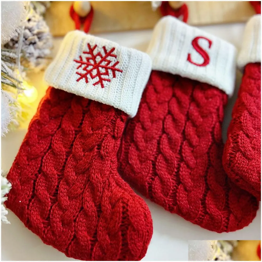 18x14cm christmas knitted stocking socks red snowflake alphabet 26 letters xmas tree pendant christmas ornaments decorations for family holiday party gift