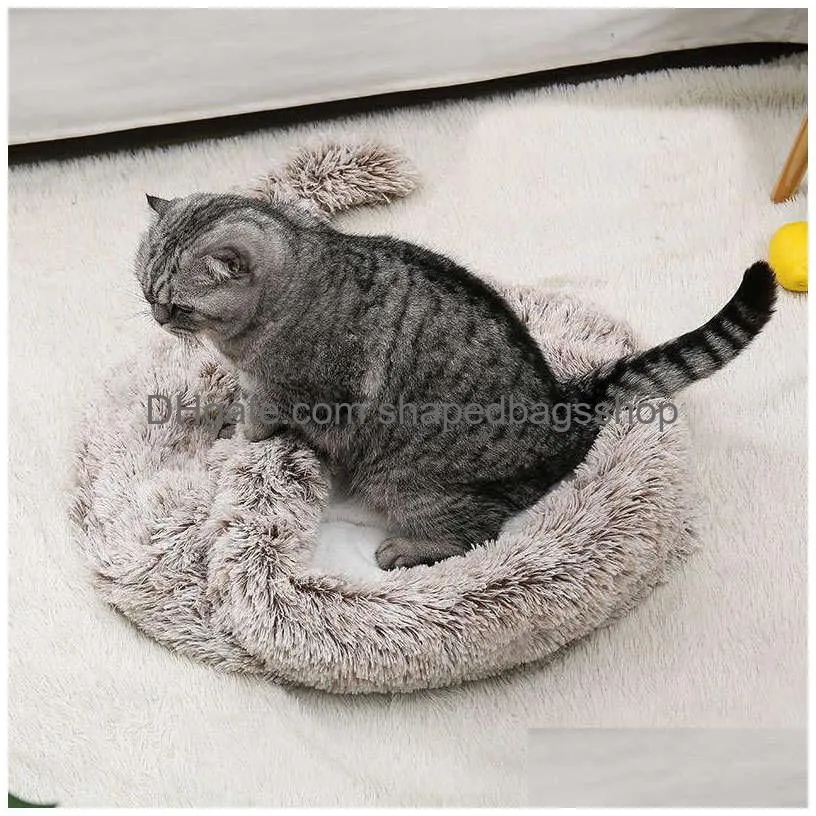 Cat Beds & Furniture Winter Long Plush Pet Cat Beds Round Cushion House 2 In 1 Self Warming S Sack Cozy Sleep Bag Basket For Small Dog Dhafr