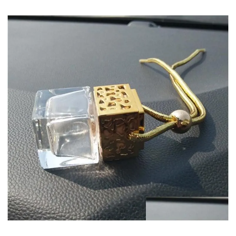 Car Perfume Bottle Cube Car Hanging Rearview Ornament Air Freshener For Essential Oils Diffuser Fragrance Empty Glass Bottles