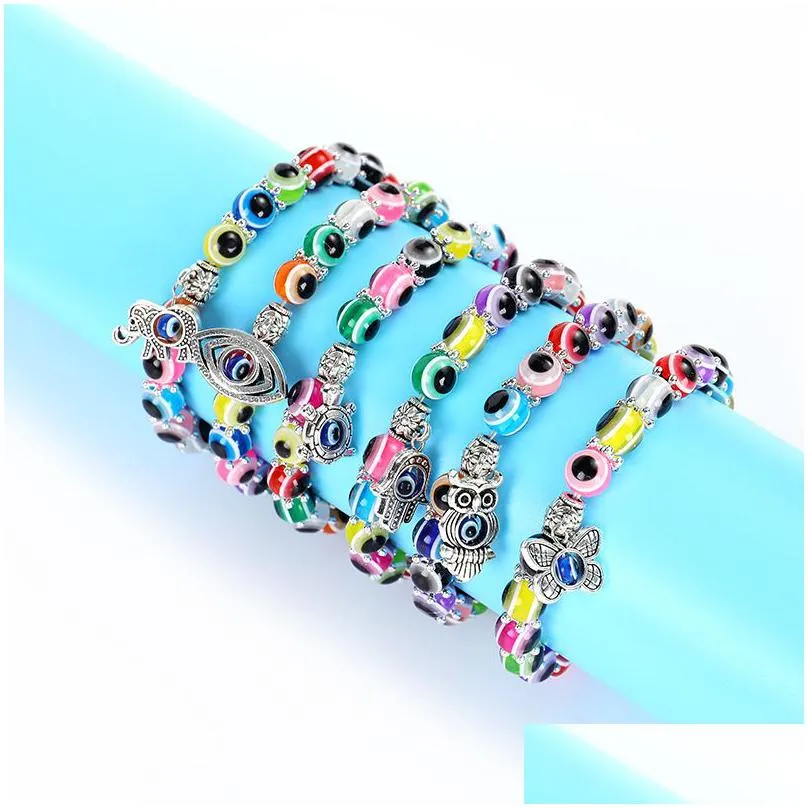 Charm Bracelets Evil Eye Lucky Palm Glass Bead Bracelet Elephant Owl Butterfly Charm Bracelets Lovely Women Men Friendship B Dhgarden Dhplv