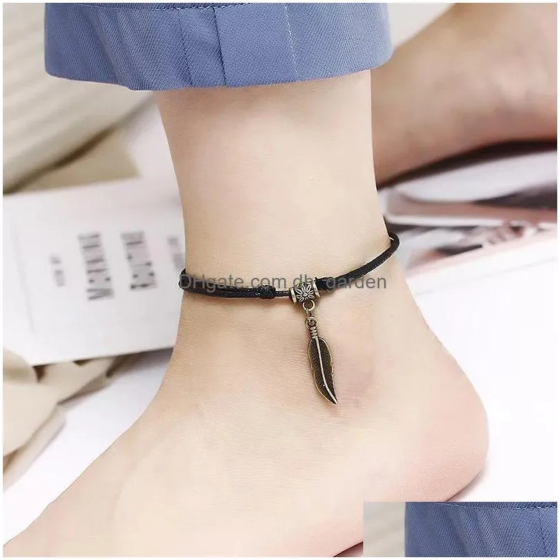 50pcs/lot vintage star heart love anklets for women men ankle bracelets on foot fashion handmade wax rope chain friendship jewelry