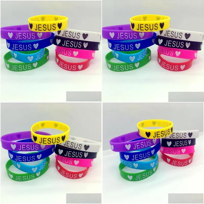 jesus heart silicone bracelet 100pcs/lot mens womens silicone wristband elastic bracelet friendship cuff 9 colors party gift jewelry