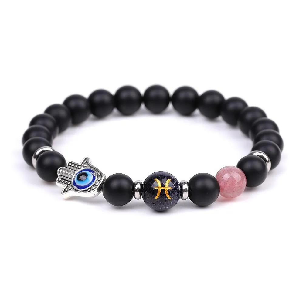 Charm Bracelets Evil Eye Twee Constellations Bracelet 8Mm Matted Black Rose Quartz Amethyst Tigers Agate Men Women Yoga Heal Dhgarden Dhe68