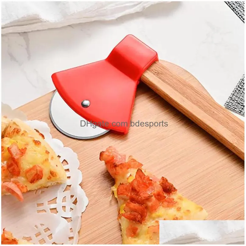 tools axe bamboo handle pizza cutter rotating blade home kitchen cutting tool inventory wholesale