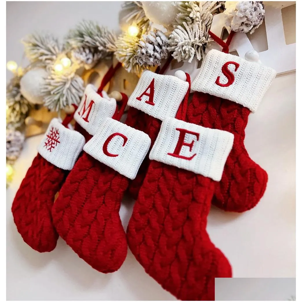 18x14cm christmas knitted stocking socks red snowflake alphabet 26 letters xmas tree pendant christmas ornaments decorations for family holiday party gift