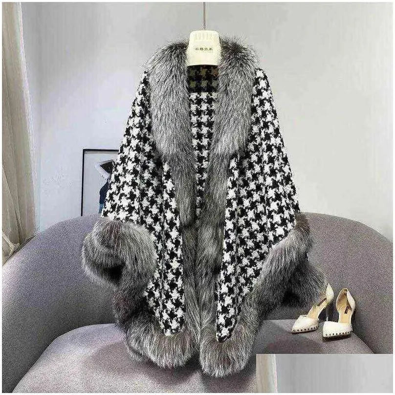 silver fox fur coat winter women shawl houndstooth cape in stock faux fur cloaks jacket for evening party x1106