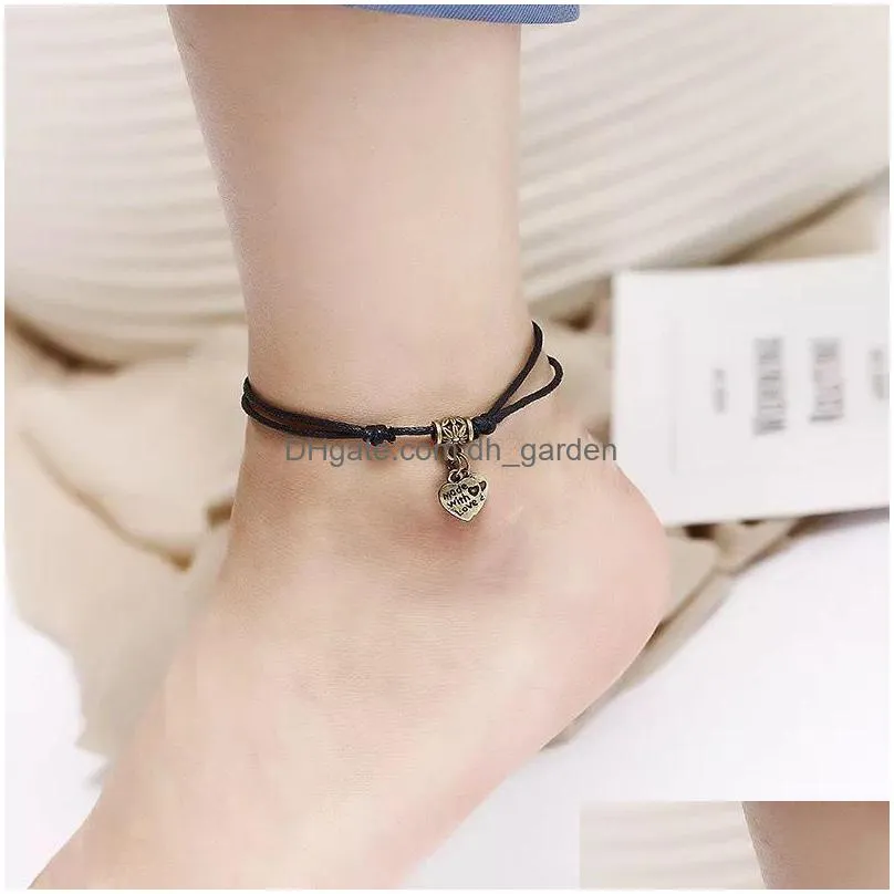 50pcs/lot vintage star heart love anklets for women men ankle bracelets on foot fashion handmade wax rope chain friendship jewelry