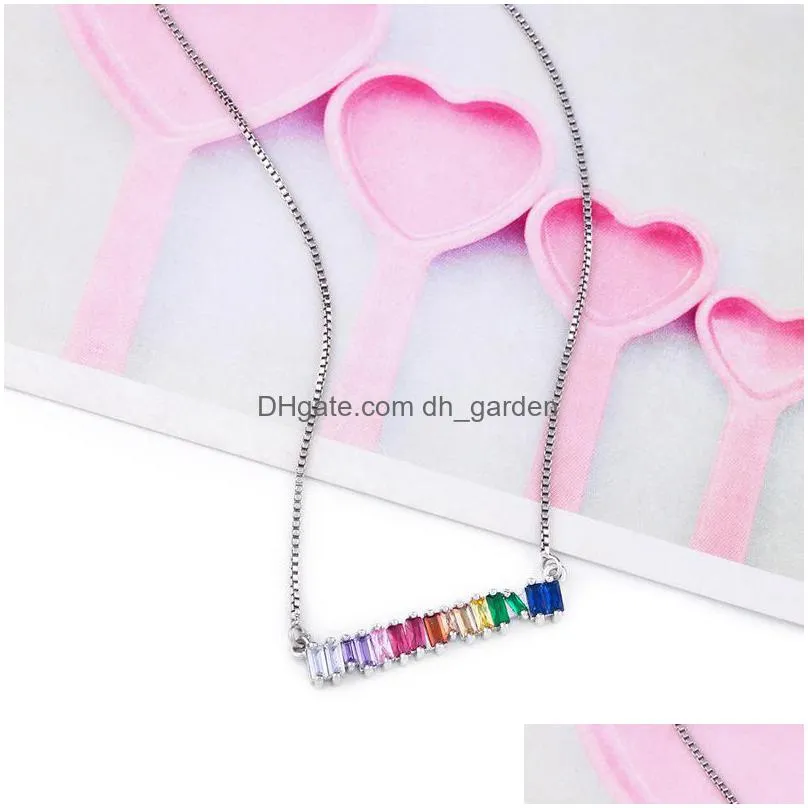 high quality cz rainbow necklace bracelet for woman colorful crystal pendant necklace fashion gold silve long chain charm wedding