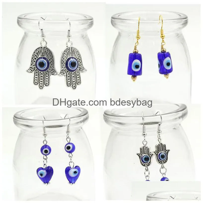 Dangle & Chandelier Wholesale Evil Eye Hand Of Fatima Dangle Earrings Lampwork Murano Glass Blue Heart Eyes Earring For Women Kids Gif Dhyew