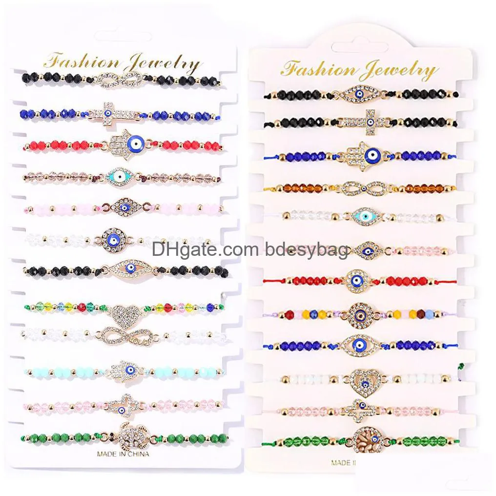 Charm Bracelets 12Pcs/Set Turkey Blue Evil Eye Bracelet Women Handmade Rope Chain Crystal Beads Bracelets Girl Birthday Party Jewelry Dhqin