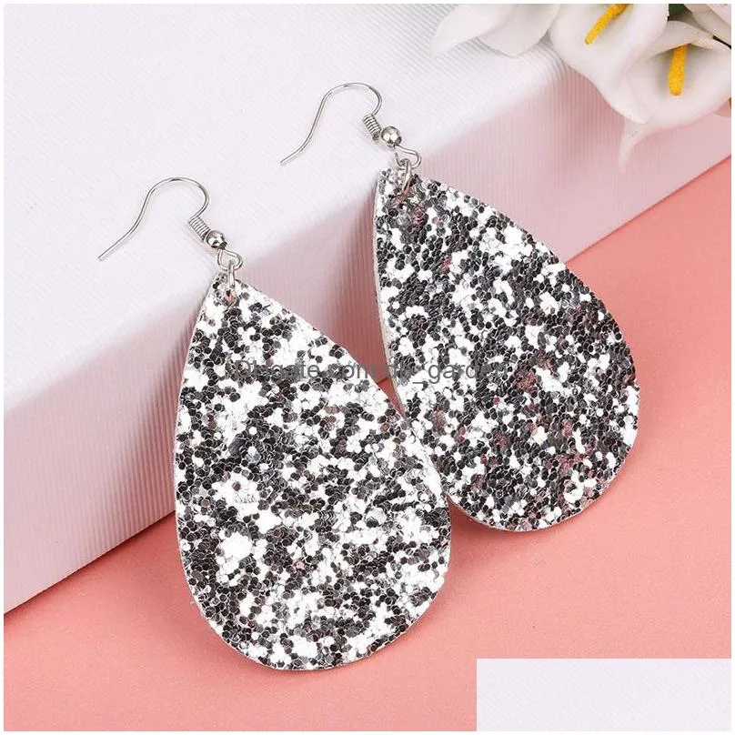 new arrival pu leather bright dangle earringcolorful teardrop silver plating hook statement earrings fashion party christmas jewerly