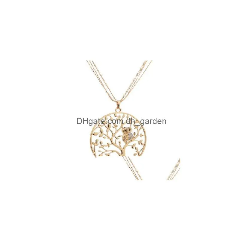 small owl tree of life necklace for women rhinestone pendant rose gold sweater chain long necklaces statement jewelry bijoux