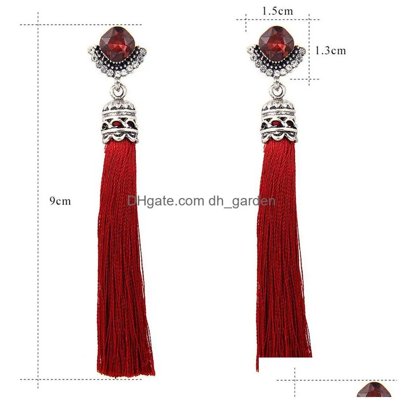 high quality rhombus crystal earrings boho red green thread vintage tassel drop dangle earrings for women fashion jewelryz