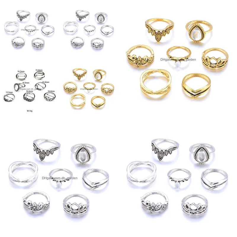 7pcs set vintage hollow carved flower rhinestone ring for women men party accessories finger rings gold silver color