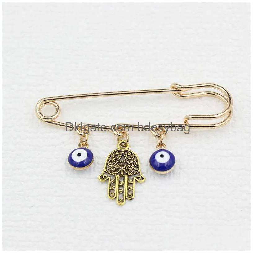 Pins, Brooches Wholesale Hamsa Hand Brooch Rhinestone White Blue Evil Eye Safety Pin For Friends And Family Gift Lucky Jewelry Badge N Dhxch