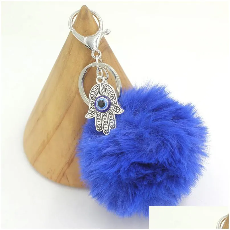 Key Rings Wholesale Lucky Cremaic Evil Eye Hamsa Hand Key Rings Keychain Soft Pom Handbag Charms Accessories Purse Keychains Dhgarden Dhhsv