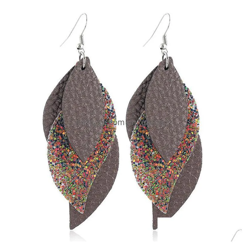 women trendy versatile leather dangle earrings three layers litchi pattern sequin earring