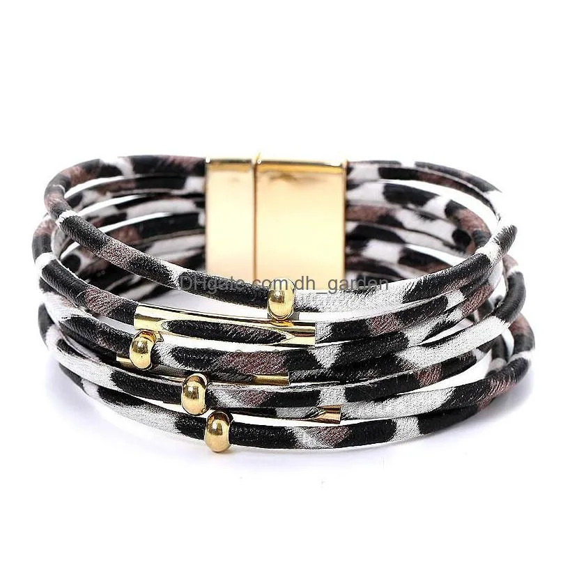 2020 leopard leather bracelets for women multilayer pu leather wide wrap bracelet wristband cuff bangle with magnetic buckle jewelry