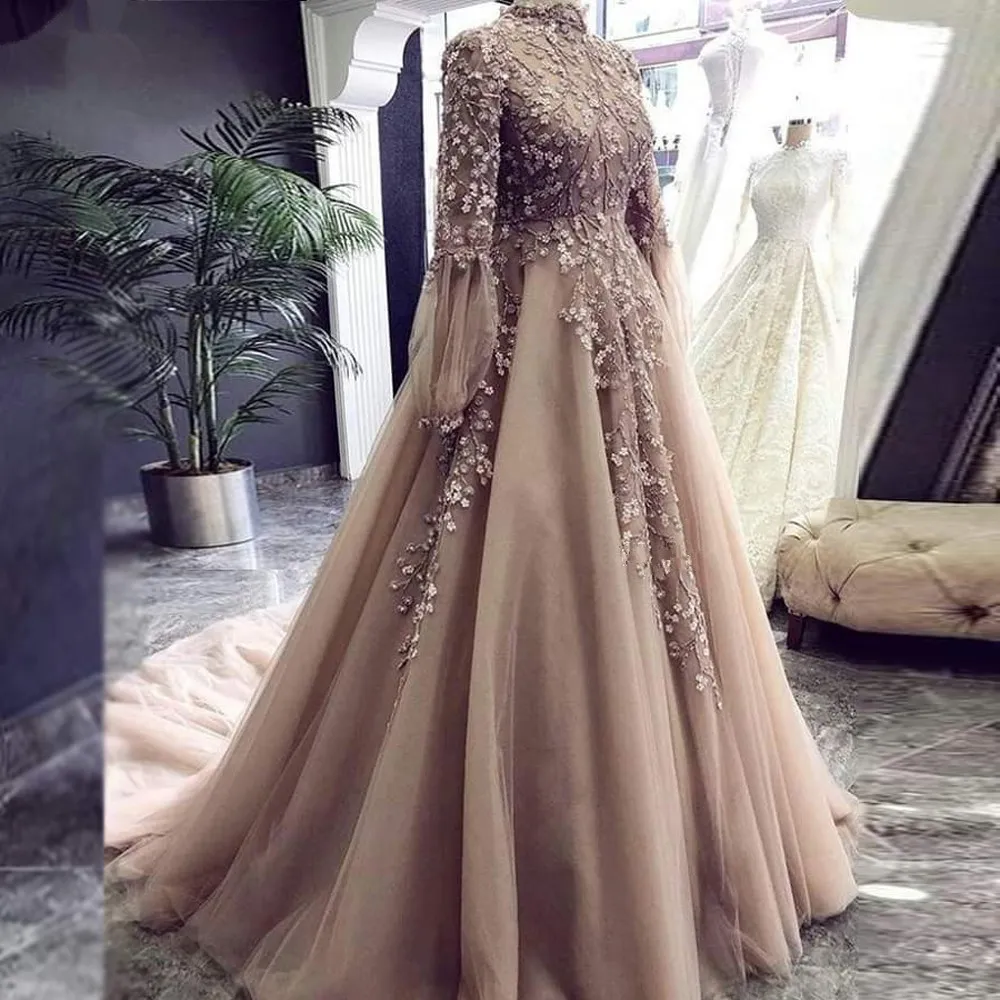 2023 Champagne Prom Dresses Muslim Long Sleeves High Neck 3D Floral Flowers Lace Applique Arabic Dubai Middle East Evening Occasion Gowns