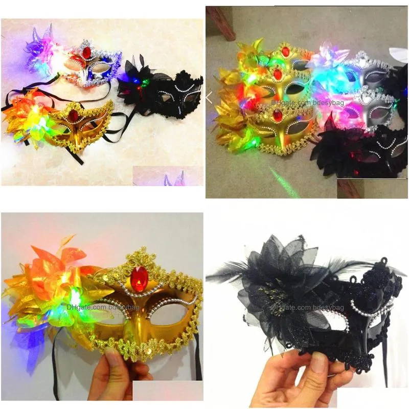 italy new style led venice shiny masks flashing princess mask dance mask side plating mask pointed flower luminous masks masquerade
