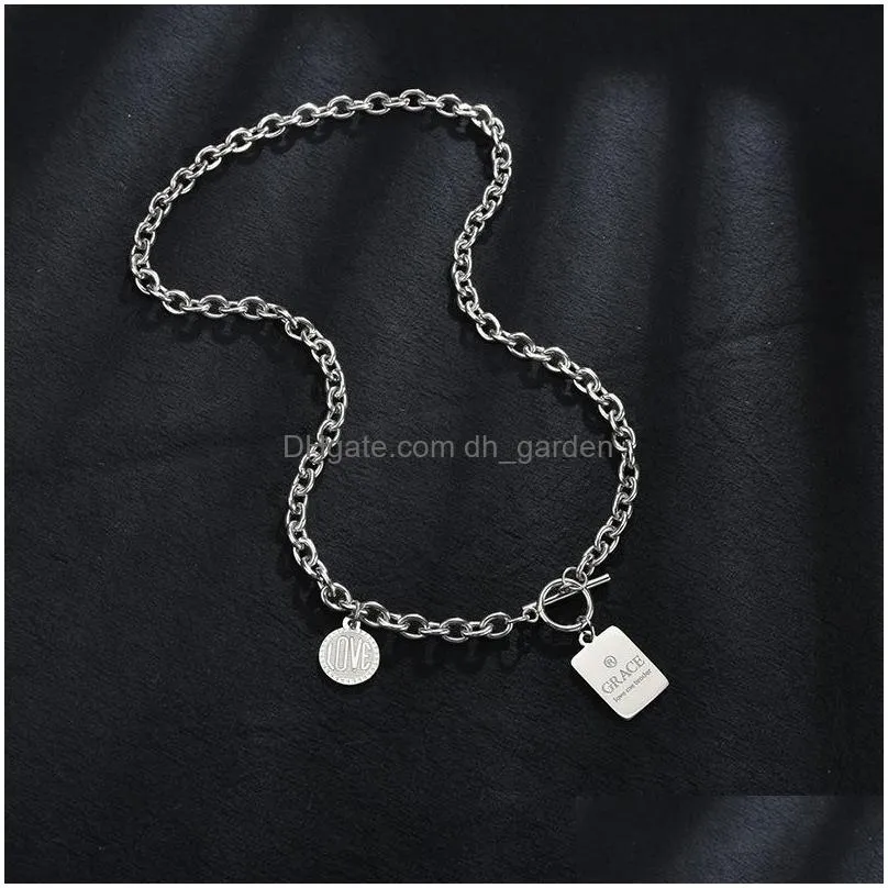 hiphop square round card chain necklace stainless steel short necklace for men women rock rapper charm collar chain jewelry street