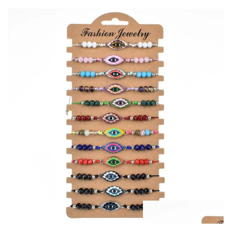 Charm Bracelets 12Pcs/Sets Evil Eye Braided Bracelets For Women Child Crystal Bead Enamel Mti Adjustable Rope Chain Yoga Ank Dhgarden Dh2Do
