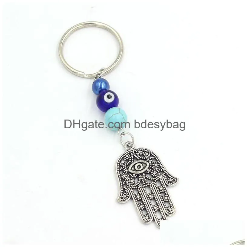 Key Rings Wholesale Lucky Hamsa Fatima Hand Key Rings Keychain Car Keyring Blue Turkish Evil Eye Chain For Women Men Jewelry Gift Drop Dh8Lw