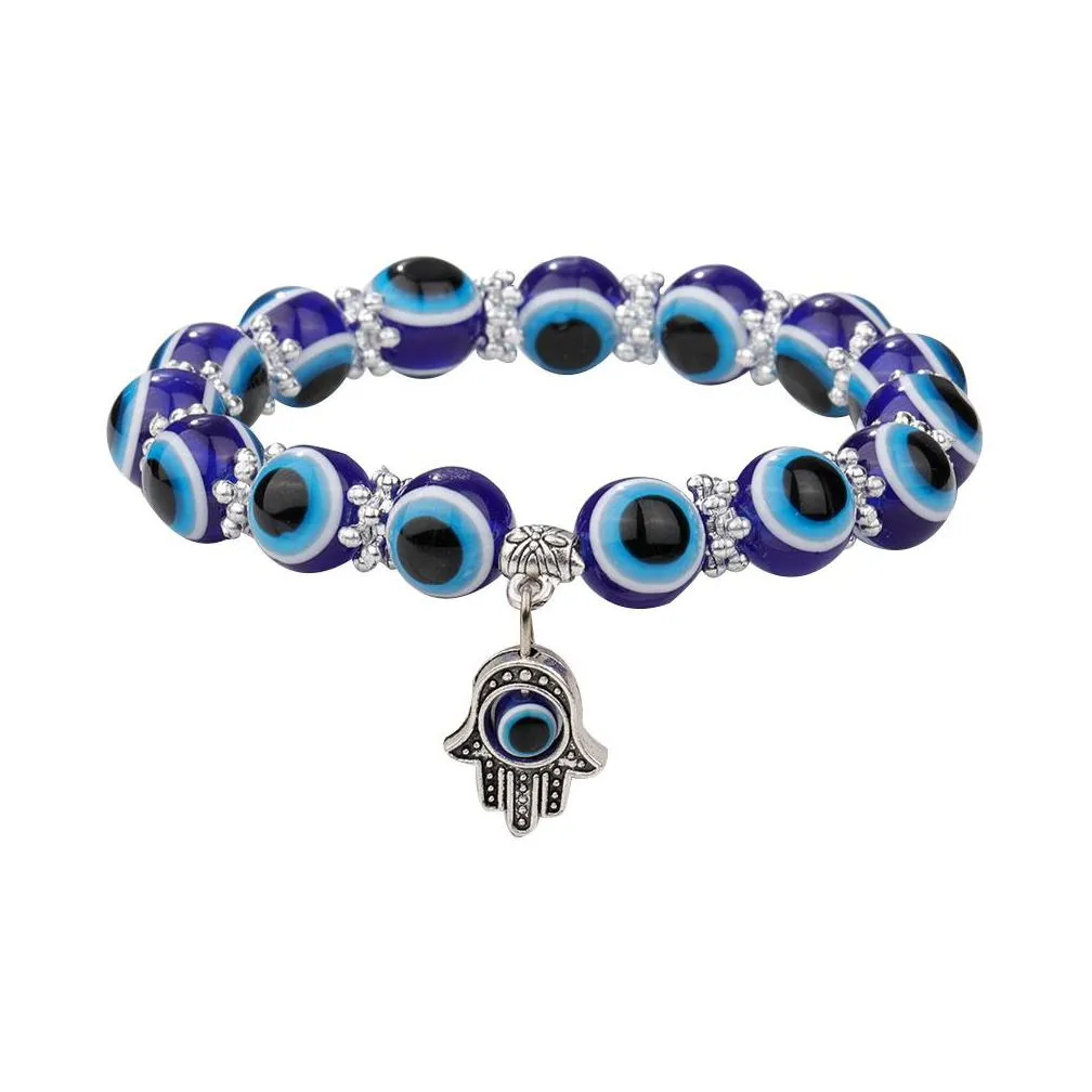 Beaded Fashion Sier Color Strand Bracelet Evil Blue Eye Hand Palm Bracelets For Women Beads Chain Vintage Jewelry Female Dro Dhgarden Dh7Xa