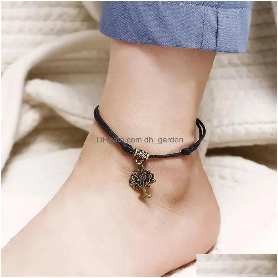 50pcs/lot vintage star heart love anklets for women men ankle bracelets on foot fashion handmade wax rope chain friendship jewelry