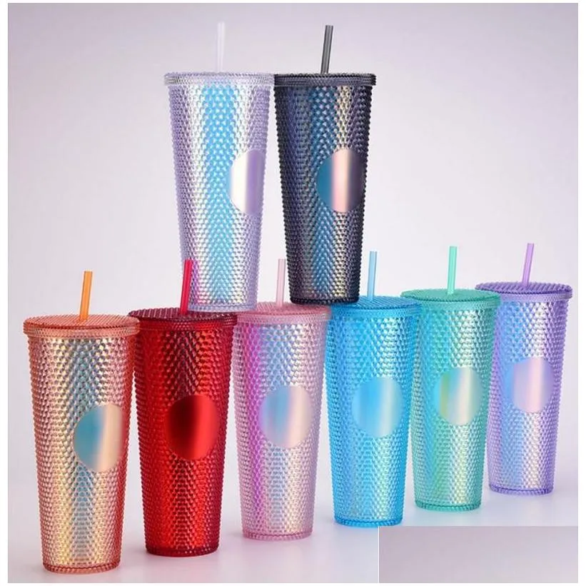 17 colors double walled 24oz studded tumblers with lid straw reusable 710ml radient plastic cold cups diamond durian shaped clear acrylic water bottles custom