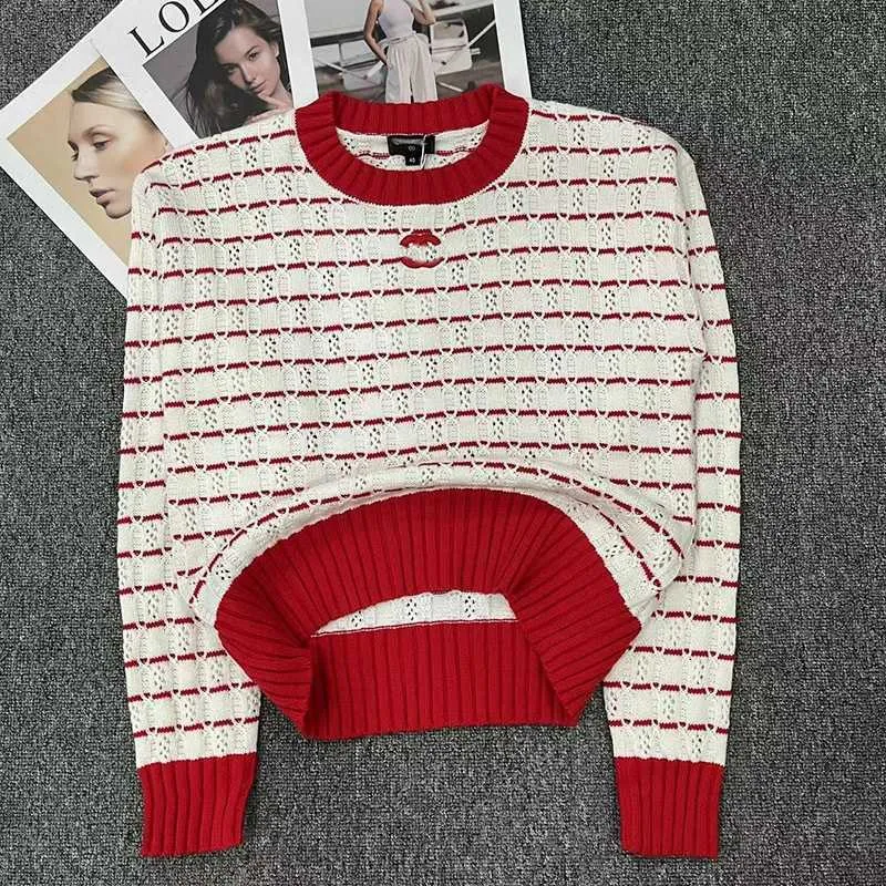 designer sweater women AutumnWinter Striped Sweater Academy Style Contrast Hollow Knitted Pullover Age Reducing Versatile Top for Women YYPX