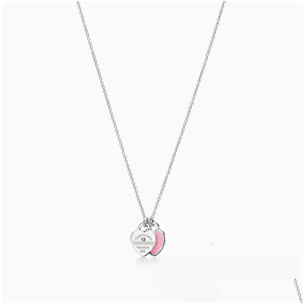 Pendant Necklaces Ly Classic High Edition S925 Sterling Sier Double Heart Charm Drop Glue Set Diamond Plated Love Necklace Drop Delive Otai4