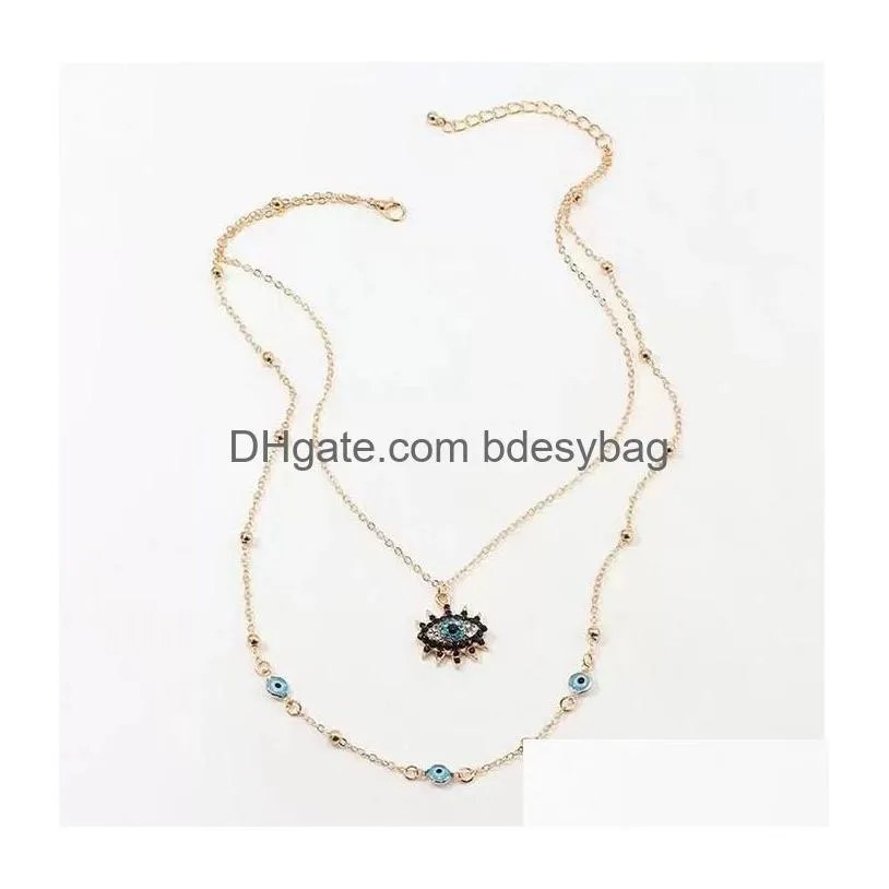 Pendant Necklaces Crystal Blue Evil Eye Pendent Necklace For Women 18K Gold Plated Double Layer Chain Lucky Charm Necklaces Jewelry Gi Dhmnc