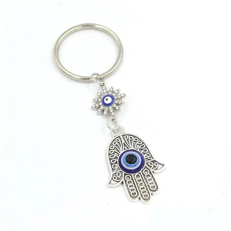 Key Rings Wholesale Rhinestone Lucky Eye Fatima Hand Keychain Car Keyring Blue Turkish Evil Key Chain For Women Men Jewelry Dhgarden Dhkke